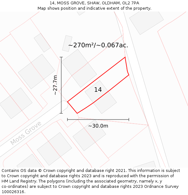 14, MOSS GROVE, SHAW, OLDHAM, OL2 7PA: Plot and title map