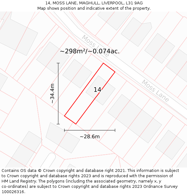 14, MOSS LANE, MAGHULL, LIVERPOOL, L31 9AG: Plot and title map