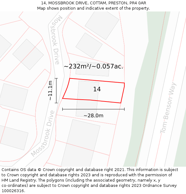 14, MOSSBROOK DRIVE, COTTAM, PRESTON, PR4 0AR: Plot and title map