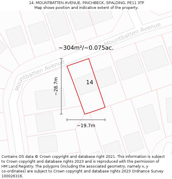 14, MOUNTBATTEN AVENUE, PINCHBECK, SPALDING, PE11 3TP: Plot and title map