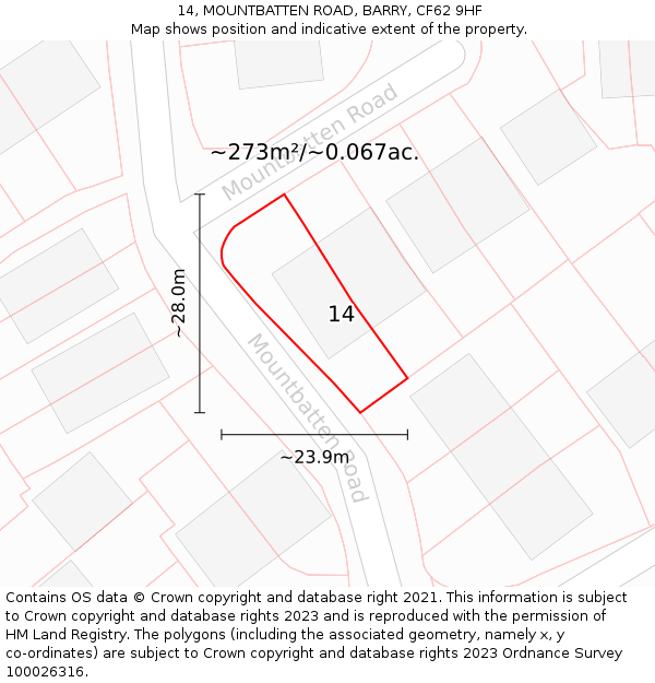 14, MOUNTBATTEN ROAD, BARRY, CF62 9HF: Plot and title map