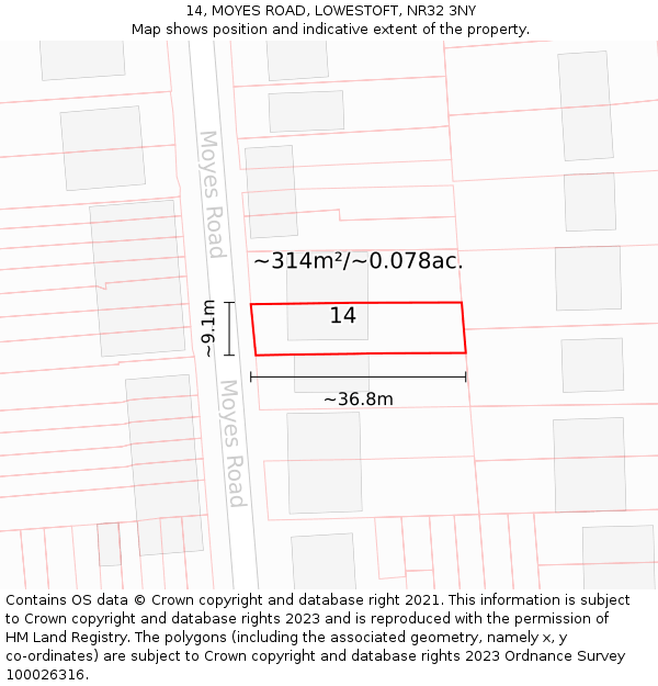 14, MOYES ROAD, LOWESTOFT, NR32 3NY: Plot and title map