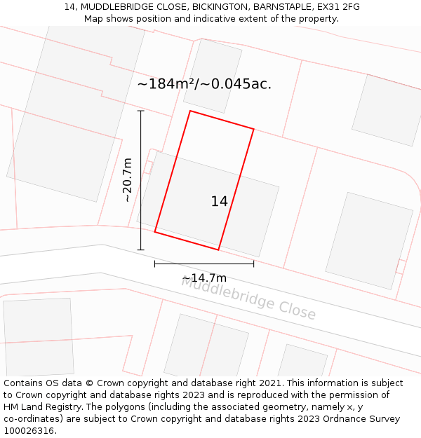 14, MUDDLEBRIDGE CLOSE, BICKINGTON, BARNSTAPLE, EX31 2FG: Plot and title map