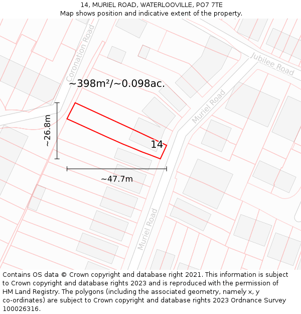 14, MURIEL ROAD, WATERLOOVILLE, PO7 7TE: Plot and title map