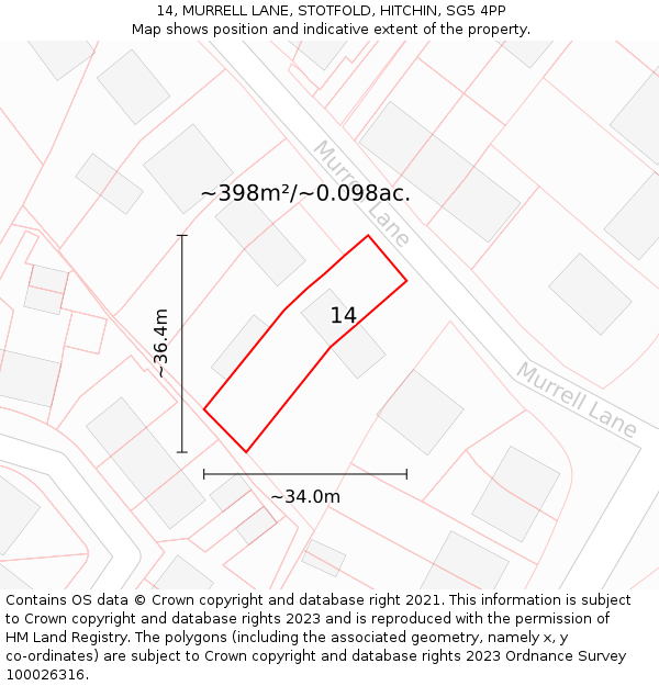 14, MURRELL LANE, STOTFOLD, HITCHIN, SG5 4PP: Plot and title map
