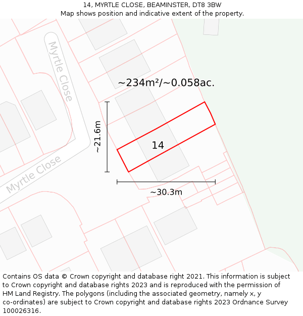 14, MYRTLE CLOSE, BEAMINSTER, DT8 3BW: Plot and title map