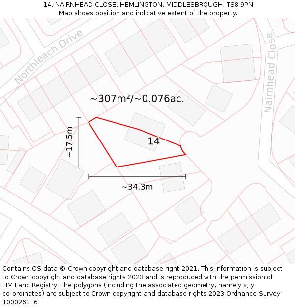 14, NAIRNHEAD CLOSE, HEMLINGTON, MIDDLESBROUGH, TS8 9PN: Plot and title map