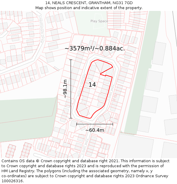 14, NEALS CRESCENT, GRANTHAM, NG31 7GD: Plot and title map