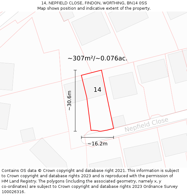 14, NEPFIELD CLOSE, FINDON, WORTHING, BN14 0SS: Plot and title map