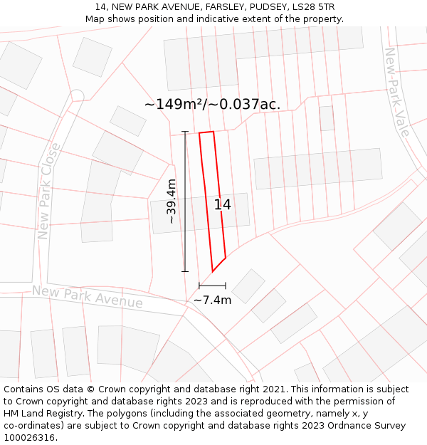 14, NEW PARK AVENUE, FARSLEY, PUDSEY, LS28 5TR: Plot and title map