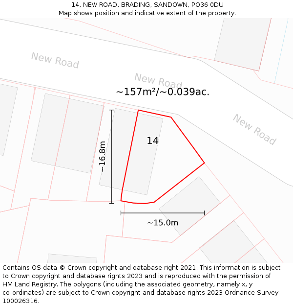 14, NEW ROAD, BRADING, SANDOWN, PO36 0DU: Plot and title map