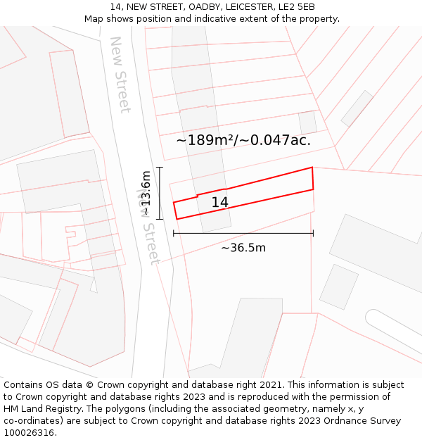 14, NEW STREET, OADBY, LEICESTER, LE2 5EB: Plot and title map