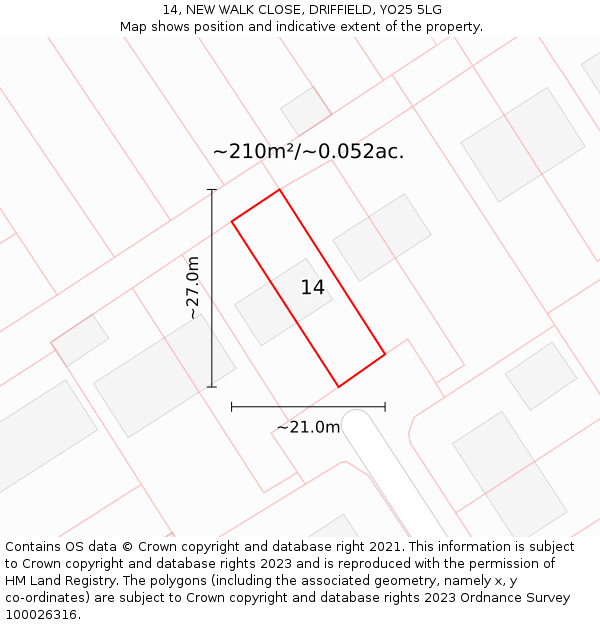 14, NEW WALK CLOSE, DRIFFIELD, YO25 5LG: Plot and title map