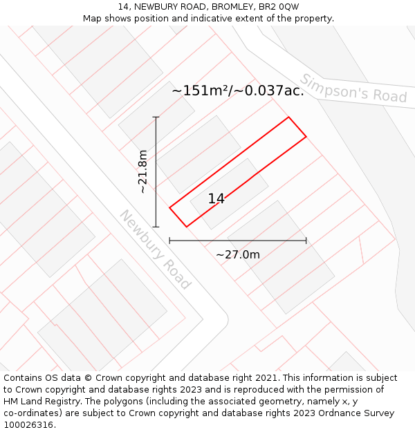 14, NEWBURY ROAD, BROMLEY, BR2 0QW: Plot and title map
