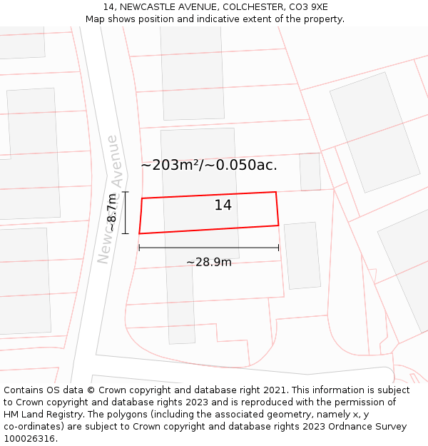 14, NEWCASTLE AVENUE, COLCHESTER, CO3 9XE: Plot and title map