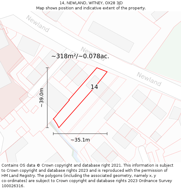 14, NEWLAND, WITNEY, OX28 3JD: Plot and title map