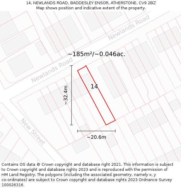 14, NEWLANDS ROAD, BADDESLEY ENSOR, ATHERSTONE, CV9 2BZ: Plot and title map
