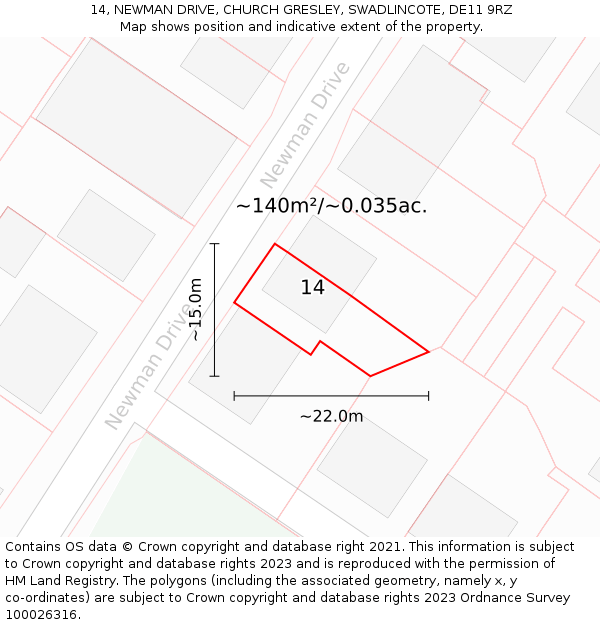 14, NEWMAN DRIVE, CHURCH GRESLEY, SWADLINCOTE, DE11 9RZ: Plot and title map