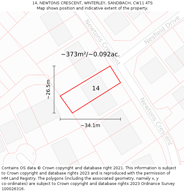 14, NEWTONS CRESCENT, WINTERLEY, SANDBACH, CW11 4TS: Plot and title map