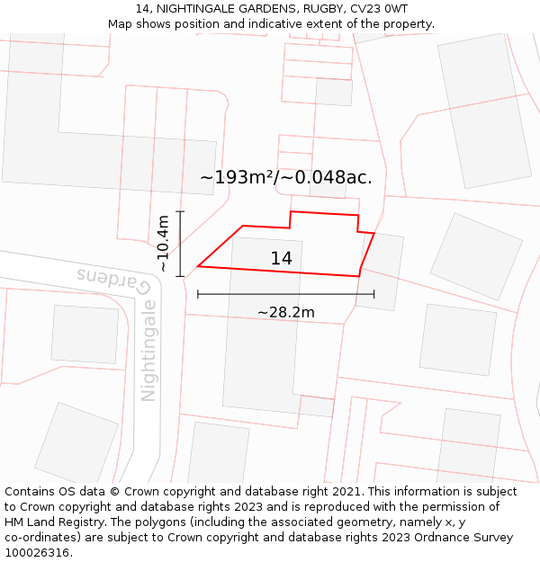 14, NIGHTINGALE GARDENS, RUGBY, CV23 0WT: Plot and title map