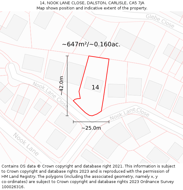 14, NOOK LANE CLOSE, DALSTON, CARLISLE, CA5 7JA: Plot and title map