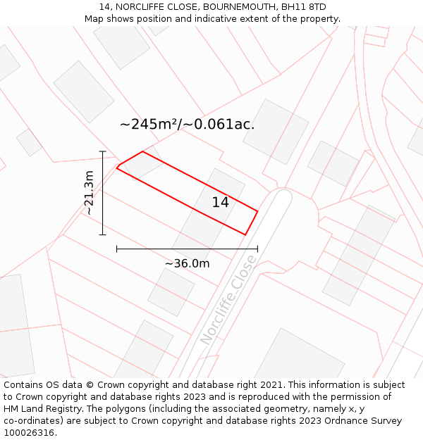 14, NORCLIFFE CLOSE, BOURNEMOUTH, BH11 8TD: Plot and title map