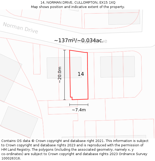 14, NORMAN DRIVE, CULLOMPTON, EX15 1XQ: Plot and title map