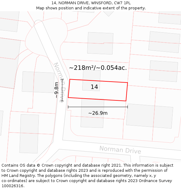 14, NORMAN DRIVE, WINSFORD, CW7 1PL: Plot and title map