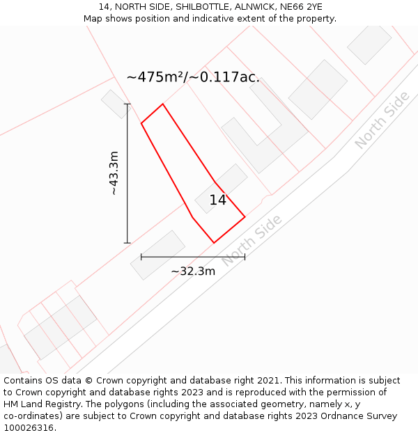 14, NORTH SIDE, SHILBOTTLE, ALNWICK, NE66 2YE: Plot and title map