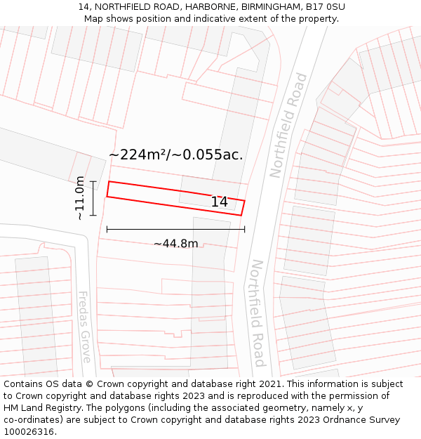 14, NORTHFIELD ROAD, HARBORNE, BIRMINGHAM, B17 0SU: Plot and title map