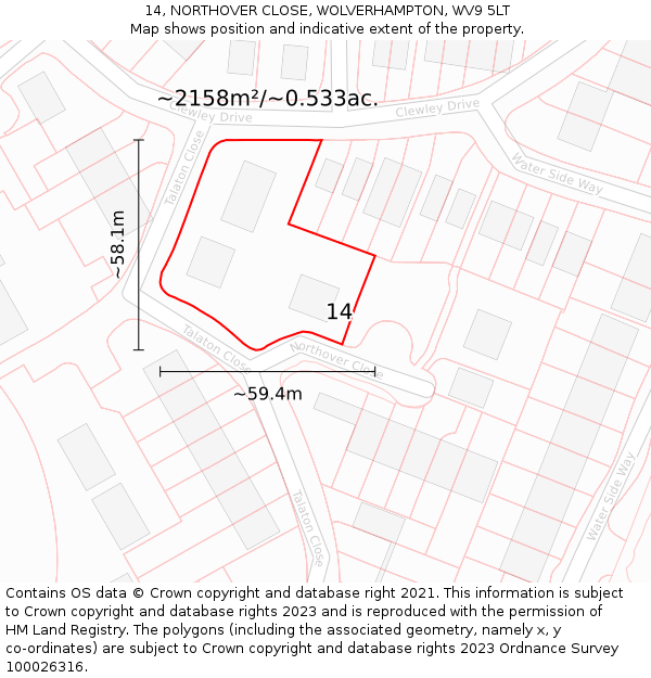 14, NORTHOVER CLOSE, WOLVERHAMPTON, WV9 5LT: Plot and title map