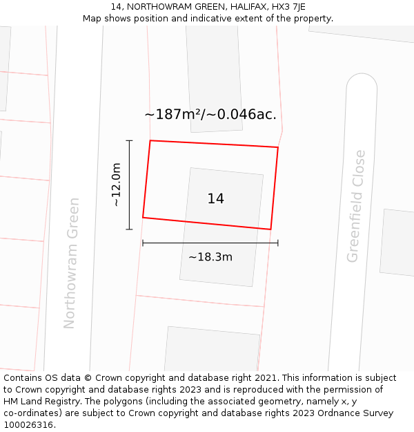14, NORTHOWRAM GREEN, HALIFAX, HX3 7JE: Plot and title map