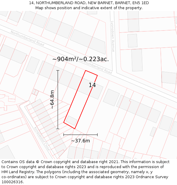 14, NORTHUMBERLAND ROAD, NEW BARNET, BARNET, EN5 1ED: Plot and title map