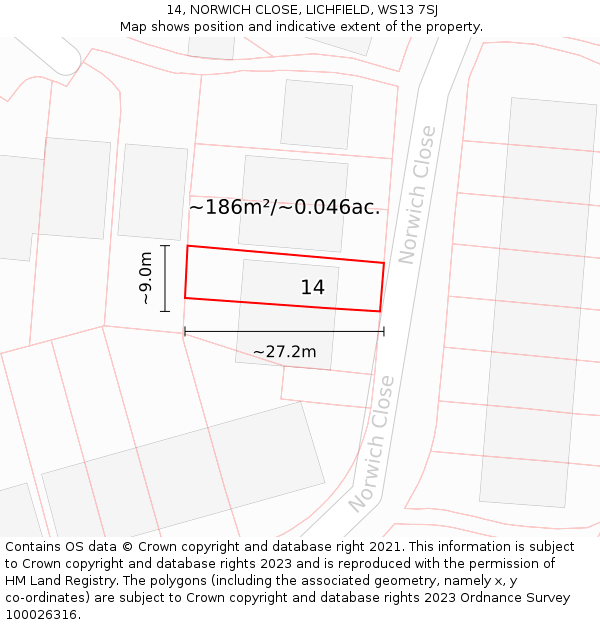 14, NORWICH CLOSE, LICHFIELD, WS13 7SJ: Plot and title map