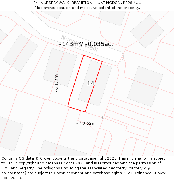 14, NURSERY WALK, BRAMPTON, HUNTINGDON, PE28 4UU: Plot and title map