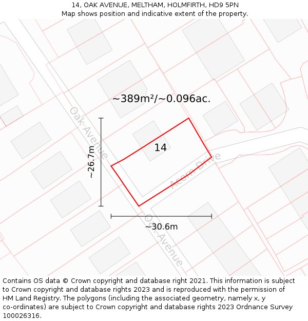 14, OAK AVENUE, MELTHAM, HOLMFIRTH, HD9 5PN: Plot and title map