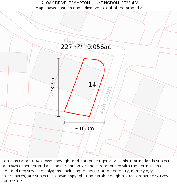14, OAK DRIVE, BRAMPTON, HUNTINGDON, PE28 4FA: Plot and title map