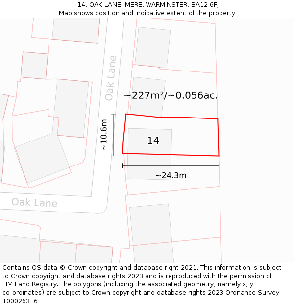 14, OAK LANE, MERE, WARMINSTER, BA12 6FJ: Plot and title map