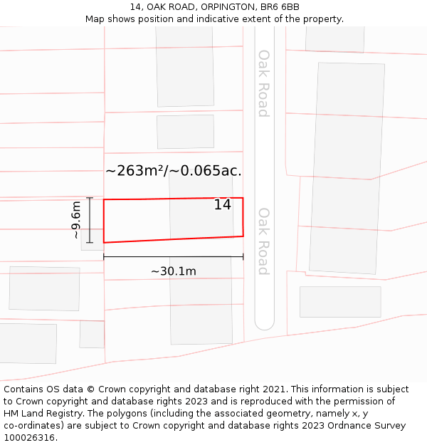 14, OAK ROAD, ORPINGTON, BR6 6BB: Plot and title map