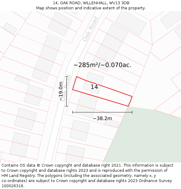 14, OAK ROAD, WILLENHALL, WV13 3DB: Plot and title map