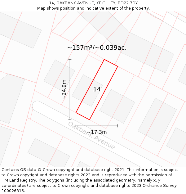 14, OAKBANK AVENUE, KEIGHLEY, BD22 7DY: Plot and title map