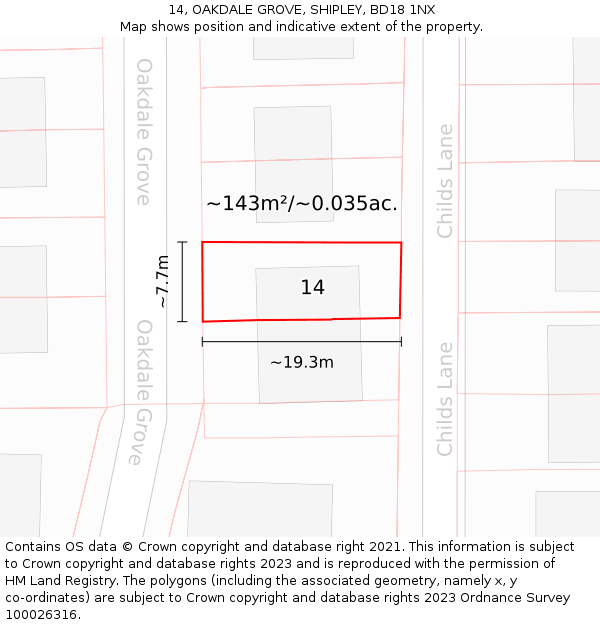 14, OAKDALE GROVE, SHIPLEY, BD18 1NX: Plot and title map