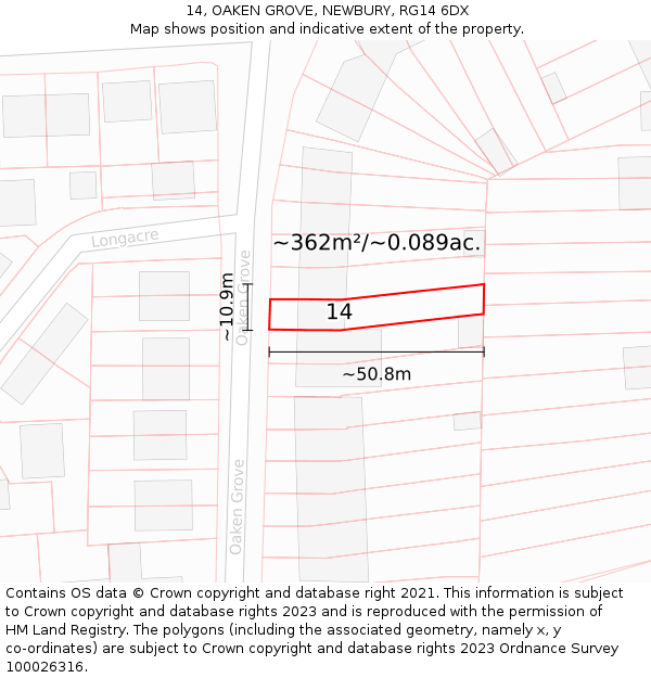 14, OAKEN GROVE, NEWBURY, RG14 6DX: Plot and title map