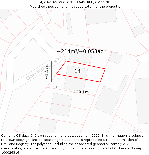 14, OAKLANDS CLOSE, BRAINTREE, CM77 7PZ: Plot and title map