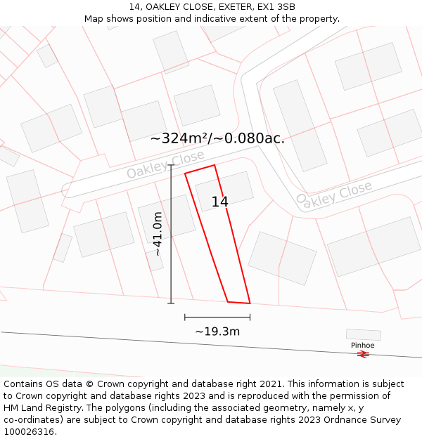 14, OAKLEY CLOSE, EXETER, EX1 3SB: Plot and title map