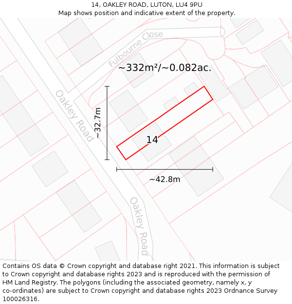 14, OAKLEY ROAD, LUTON, LU4 9PU: Plot and title map