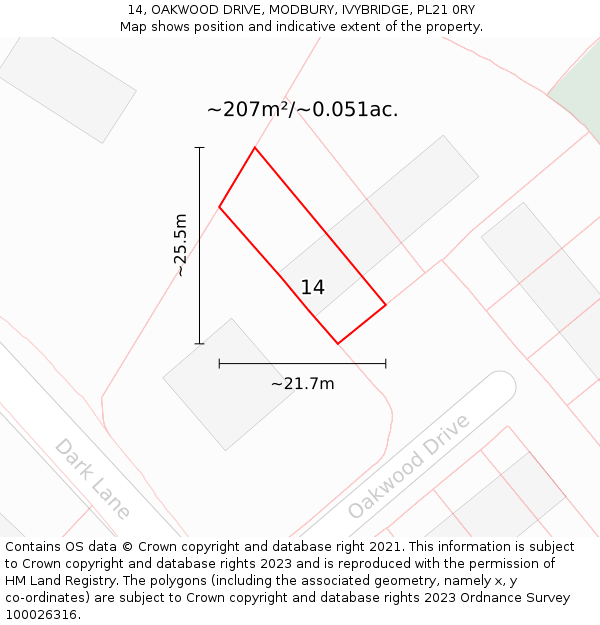 14, OAKWOOD DRIVE, MODBURY, IVYBRIDGE, PL21 0RY: Plot and title map