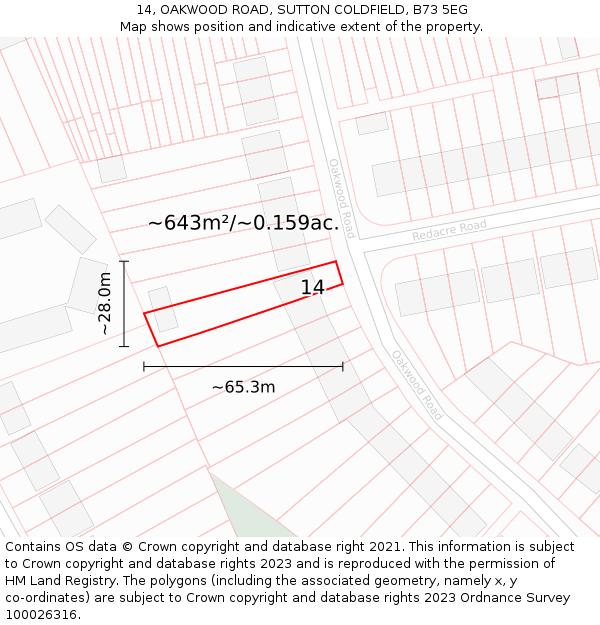 14, OAKWOOD ROAD, SUTTON COLDFIELD, B73 5EG: Plot and title map