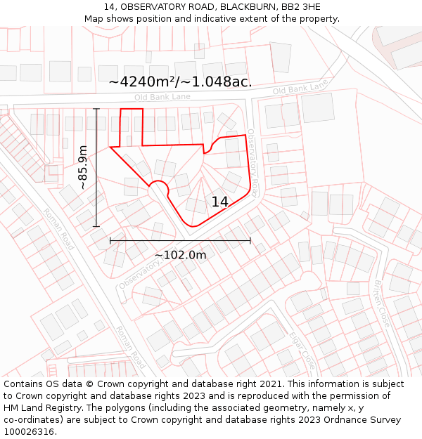 14, OBSERVATORY ROAD, BLACKBURN, BB2 3HE: Plot and title map