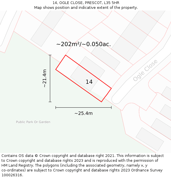 14, OGLE CLOSE, PRESCOT, L35 5HR: Plot and title map